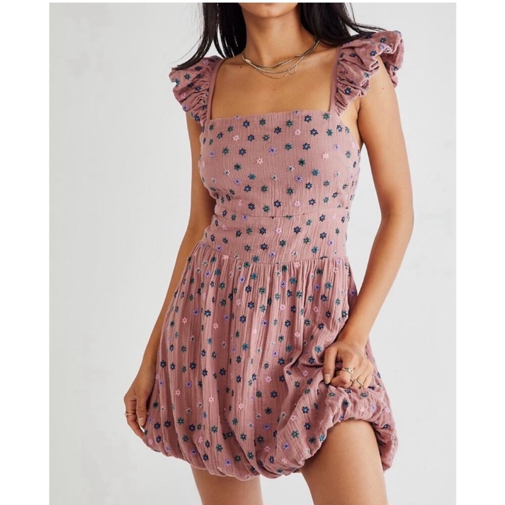 Free People NWT XS Mauve Pink Floral Open Back Mini Dress Boho Romantic
